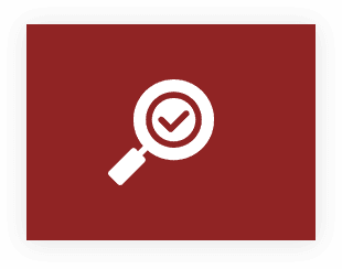 A red background with a magnifying glass and check mark.